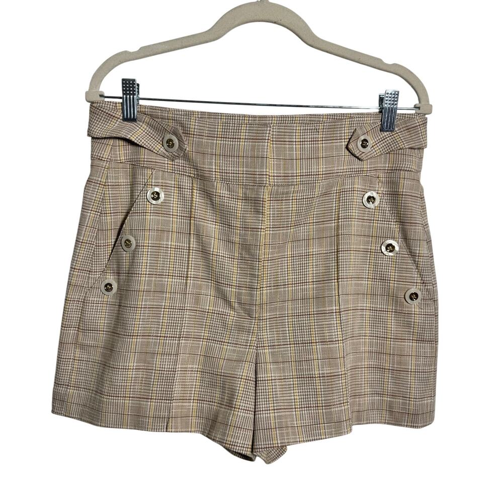 Veronica Beard Pine Plaid Tailored Short 10 High Rise Button Accent Quiet Luxury